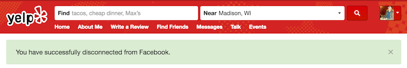 Yelp disconnected from Facebook account