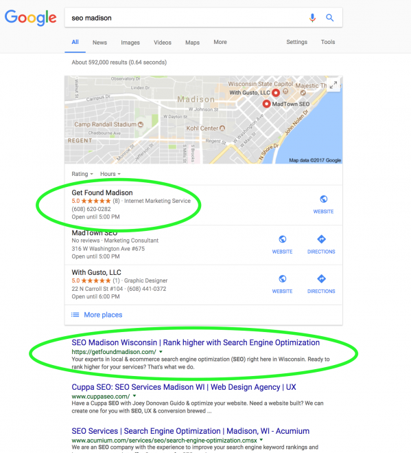 Google Result page for "SEO Madison"