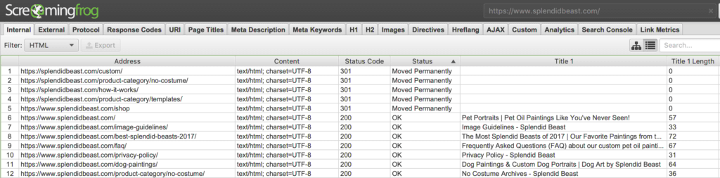 Screaming Frog SEO Spider Crawl Results