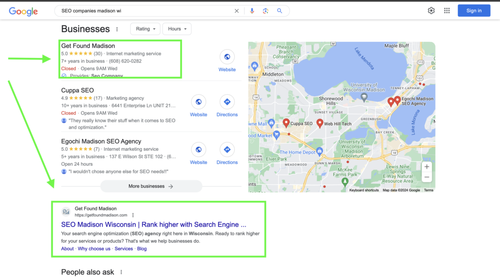 SEO companies Madison WI Google result page