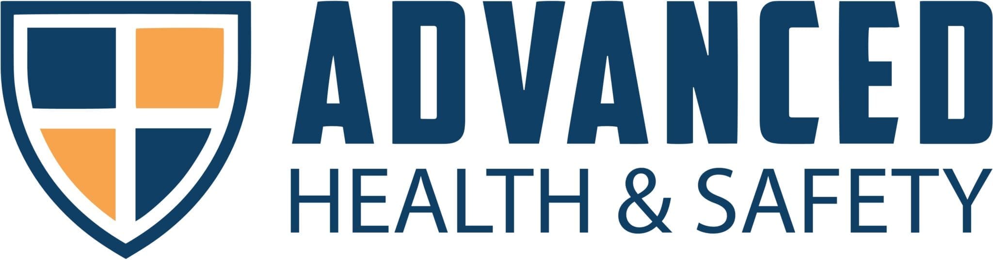 Logo for Advanced Health & Safety featuring a blue and orange shield icon on the left, with bold blue text reading ADVANCED and smaller blue text HEALTH & SAFETY to the right.