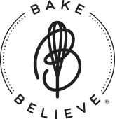Logo with the words Bake Believe in a circular design, featuring a whisk drawing in the center. Dotted lines curve along the top and bottom of the circle.