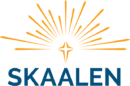 Logo with orange sun rays radiating from a central cross shape, and the word SKAALEN in bold blue letters below the design.