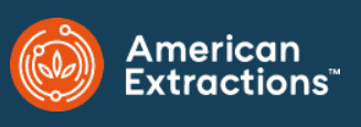 American Extractions logo featuring an orange circle with a stylized leaf and circular lines, next to the company name in white text on a dark blue background.